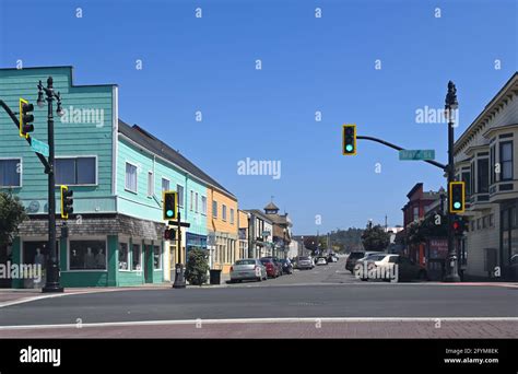 Downtown Business District Along Main Street Fort Bragg Ca Stock Photo