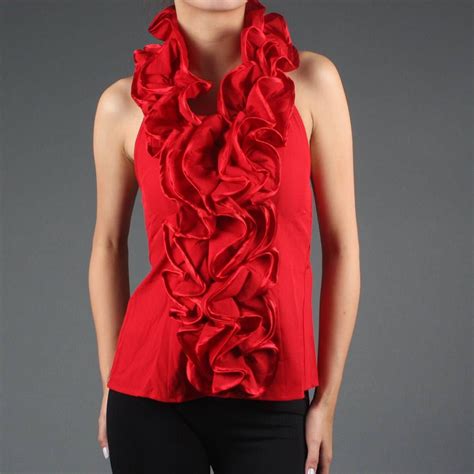 Red Ruffle Collar Ruffled Halter Satin Top Shirt Party Tops Fashion