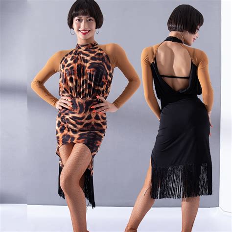 Black Latin Dance Dress Women Female Professional Long Sleeve Tassel