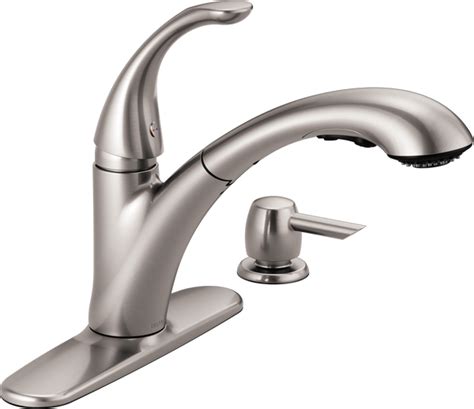 Delta kitchen faucets and its accessories have the best quality and it is technologically complex to blend in with today's modern decor. Single Handle Pull-Out Kitchen Faucet with Soap Dispenser ...