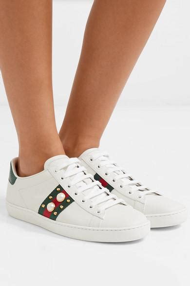 Gucci Ace Faux Pearl Embellished Metallic Watersnake Trimmed Leather