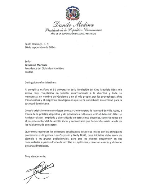 Carta De Felicitación Por El 51 Aniversario Del Club Mauricio Báez