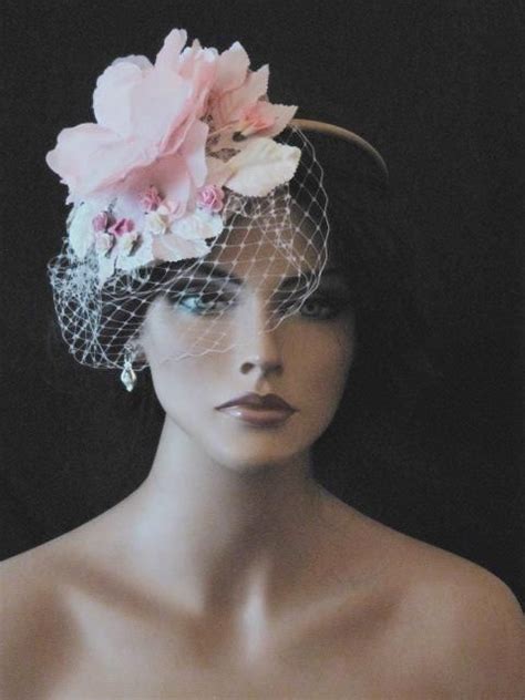 Vintage 50s Style Wedding Headpiece Blush Roses Hat Fascinator Hairband