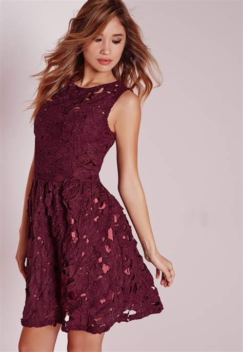 Lyst Missguided Sleeveless Lace Skater Dress Plum In Red