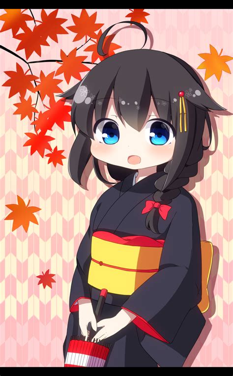 The Big Imageboard Tbib 1girl D Ahoge Autumn Leaves Bangs Black Hair Black Kimono Blue Eyes