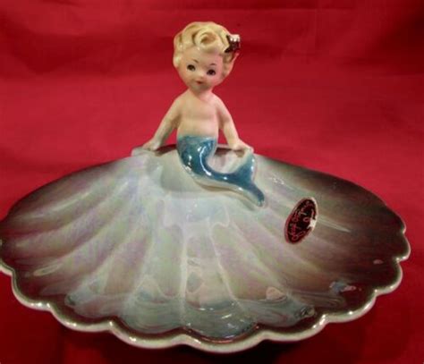 Vintage Josef Originals Mermaid Figurine Shell Soap Dish Gold Trim