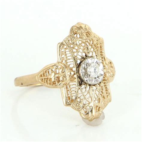 Diamond Filigree Ring Vintage 10 Karat Yellow Gold Estate Fine Jewelry