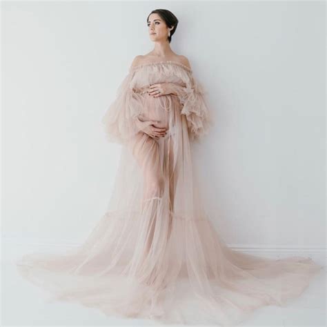 Sexy See Thru Khaki Tulle Ruffles A Line Maternity Dresses Photo Shoot Off The Shoulder Long