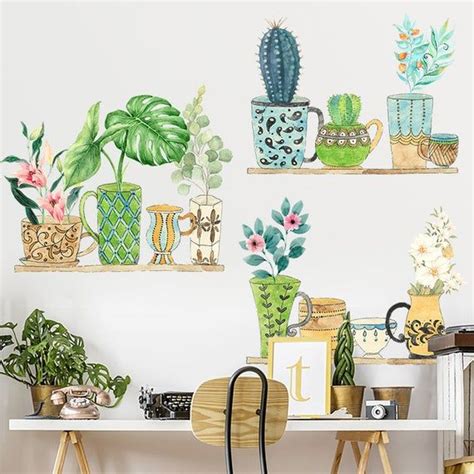 Cactus On Shelf Sticker Green Plants Wall Decals Tropical Flower