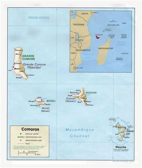 Detailed Political Map Of Comoros With Relief Roads And Cities 1991