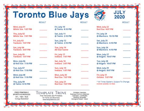 Printable 2020 Toronto Blue Jays Schedule
