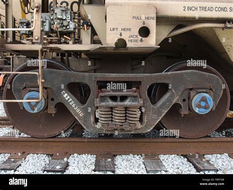 Bogie Wheels Carriage Of A Railroad Grain Hopper Car Close Up Stock