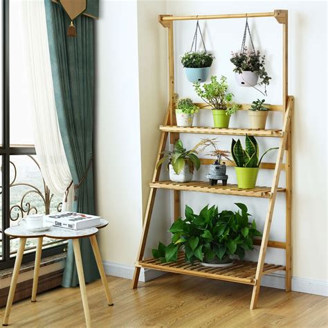 3 Tiers Bamboo Hanging Folding Plant Shelf Stand Plant Shelves