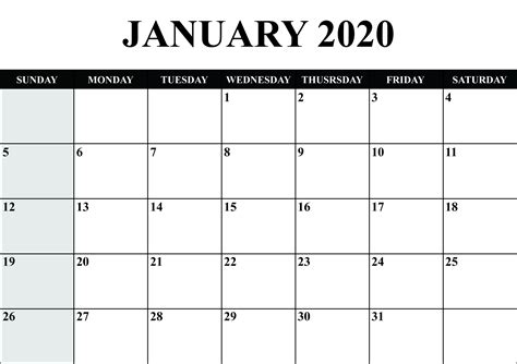 Blank Calendar January 2020 Printable Fillable Template Notes Blank Printable Calendar