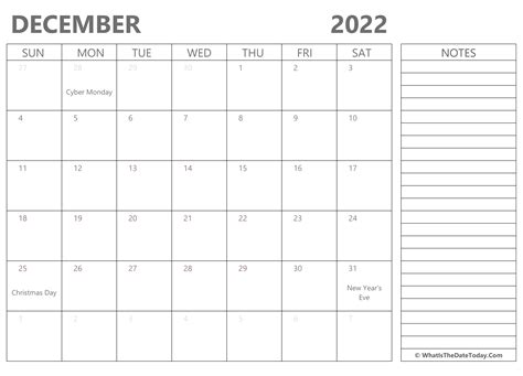 Editable December 2022 Calendar With Holidays And Notes