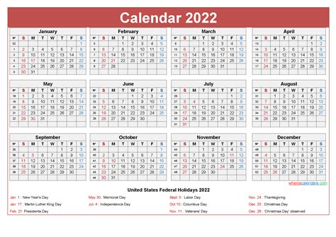 Free Yearly 2022 Calendar With Holidays Word Pdf