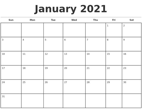 January 2021 Monthly Calendar Template