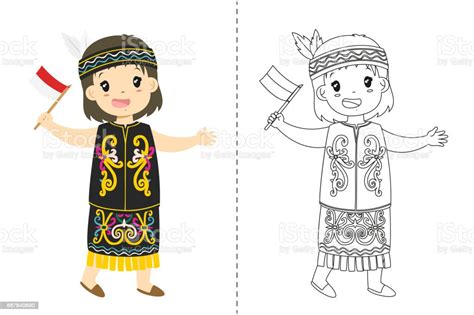 Indonesian Girl Wearing Dayak Traditional Dress Outline Cartoon Vector