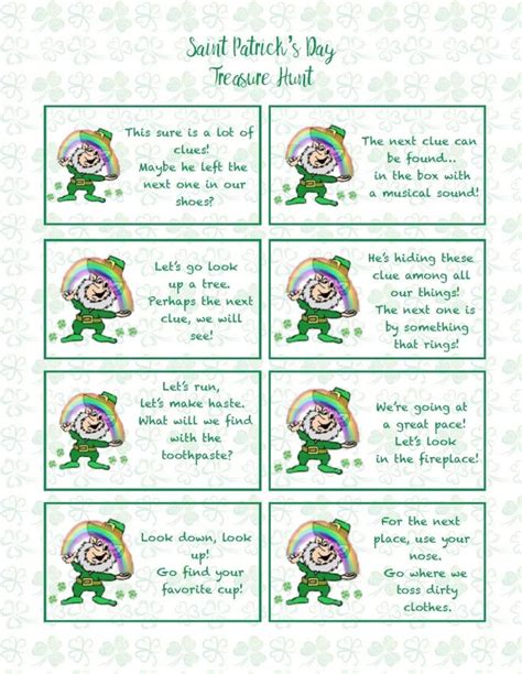A sheet of thick paper printed out having a picture and accustomed to deliver a message or greeting; St. Patrick's Day Treasure Hunt {Free Printable} | St ...