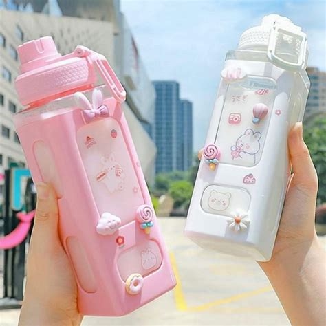 Amazon Com Large Kawaii Water Bottle With Straw And D Stickers Cute Aesthetic Bottle Kawaii