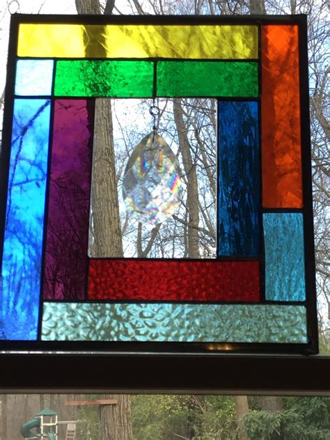 Rainbow Stained Glass Panel With Huge Hanging Crystal Etsy