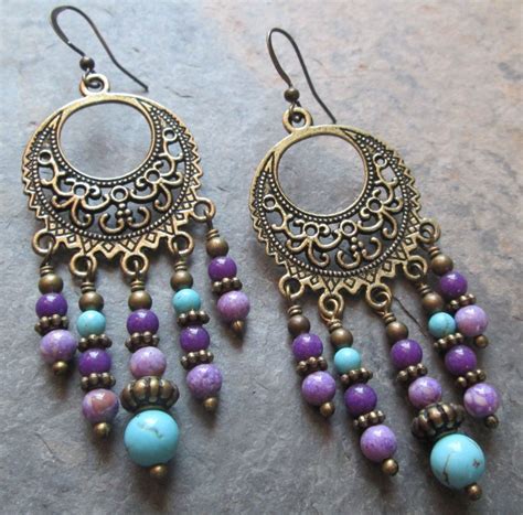 Purple Turquoise Gemstone Chandelier Earrings Bohemian Style Jewelry