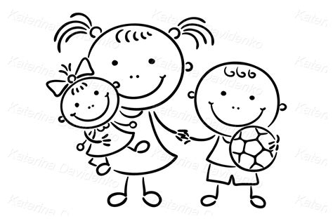Cartoon Children Holding Hands Stick Figure Sister Brother Image