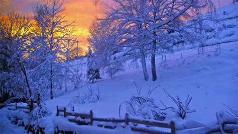 Download Wallpaper 1920x1080 Winter Snow Sunset Fence Sky Trees