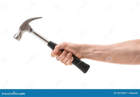 Close Up View Of A Man S Hand Holding Hammer Isolated On White