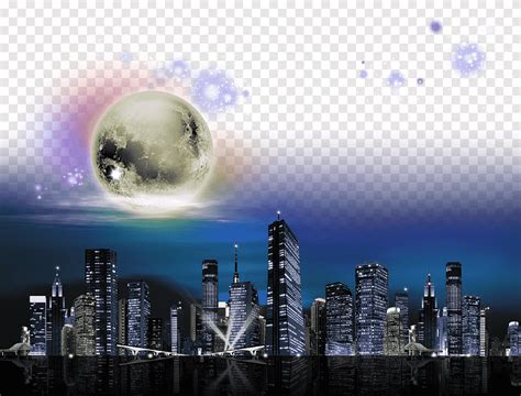 City Skylines At Night With Moon