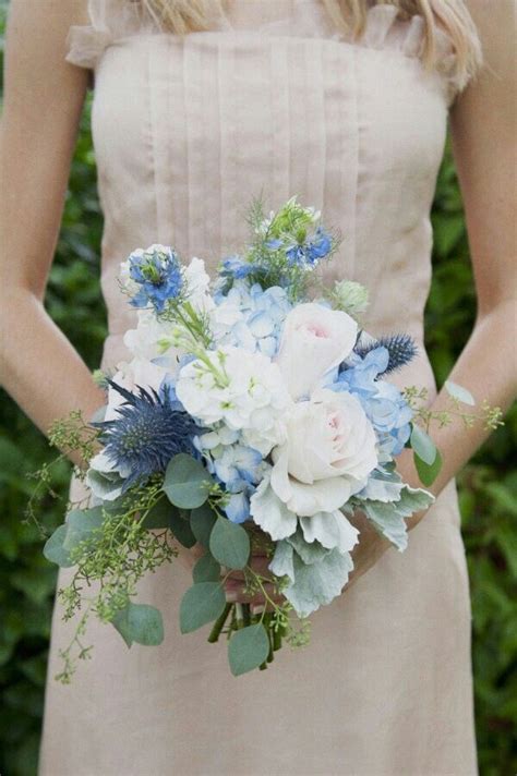 Sweet Wedding Bouquet Featuring Pretty Blue Hydrangea Thistle White