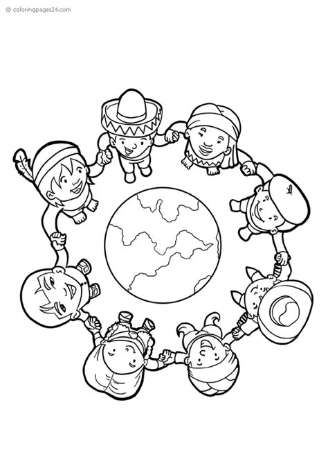 Kids holding hands and forms a circle that goes around earth | Coloring Pages 24