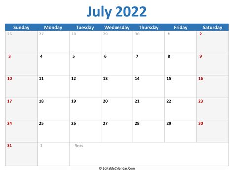 July 2022 Printable Calendar With Holidays