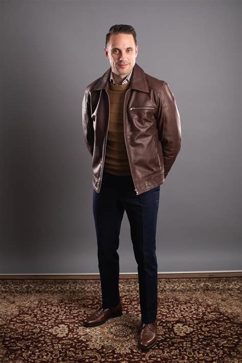 a simple brown leather jacket outfit idea he spoke style