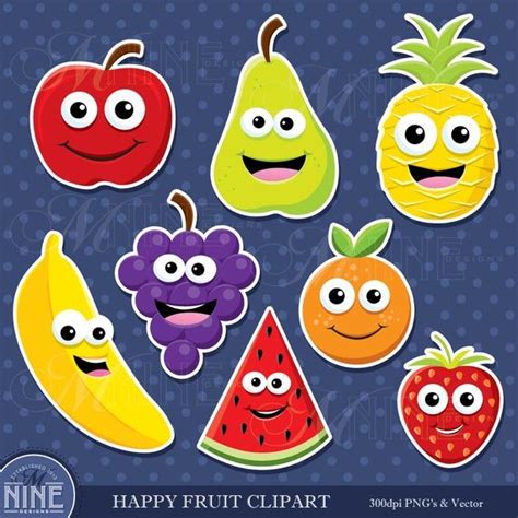 Happy Fruit Clip Art Fruit Sticker Clipart Downloads Cute Etsy