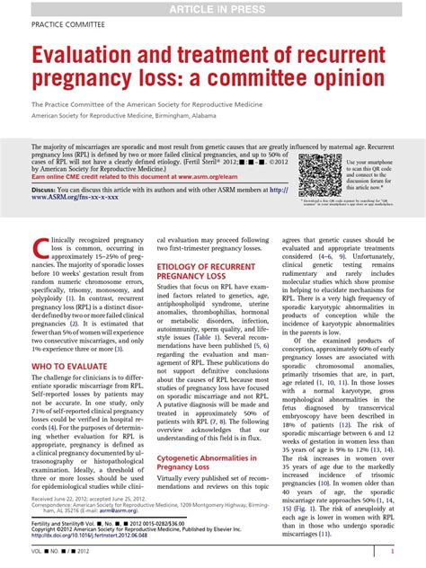 Evaluation And Treatment Of Recurrent Pregnancy Loss A Committee