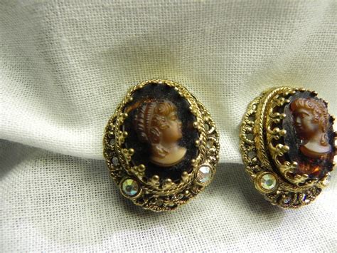Vintage Cameo Clip Earrings West Germany Glass Gold Tone Metal Ab Crystals Clip On Earrings