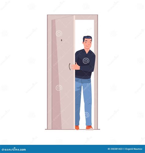 Man Character At The Door Opening It Entering Home Vector Illustration