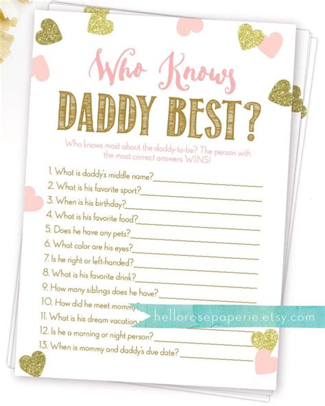 Baby shower games are an important part of any baby shower, so the list of baby shower games below is extensive! Who Knows Daddy Best Game . Baby Shower Girl Pink and Gold . | Etsy | Pink gold baby shower ...