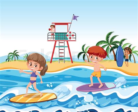 Children Surfing On Waves Illustration Stock Vector Colourbox