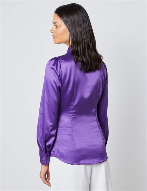 Women S Purple Satin Fitted Shirt Single Cuff Pussy Bow Hawes