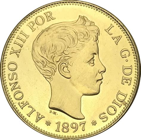Spain 1897 100 Pesetas Alfonso Xiii 3rd Portrait Gold Coin Brass Metal