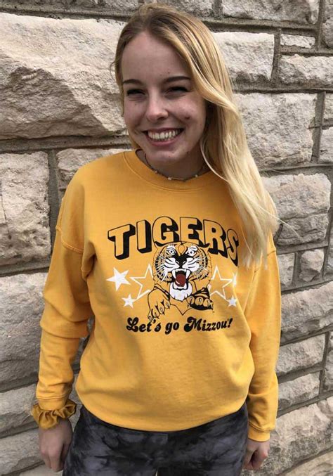 Mizzou Tigers Tigers Womens Gold Just Stars Long Sleeve Crew Sweatshirt Crew Sweatshirts