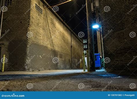 Dark And Scary Downtown Urban City Street Corner Alley At Night Stock