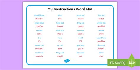 Contractions Word Mat Esl Grammar Resources