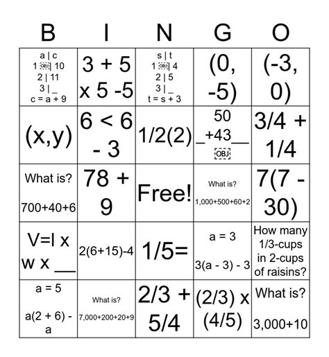5th Grade Math Bingo Card