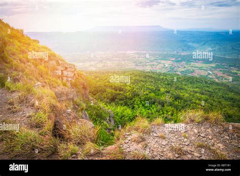 Landscape View On Mountain Cliff With Rock And Grass On Nature High