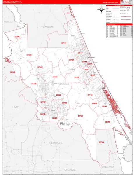 Volusia County Fl Zip Code Wall Map Red Line Style By Marketmaps