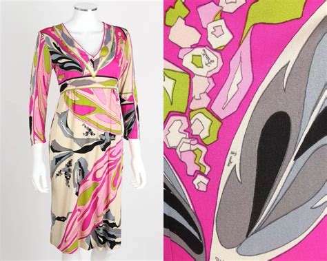 vtg 60s 70s emilio pucci multi color psychedelic print empire silk jersey dress womens vintage