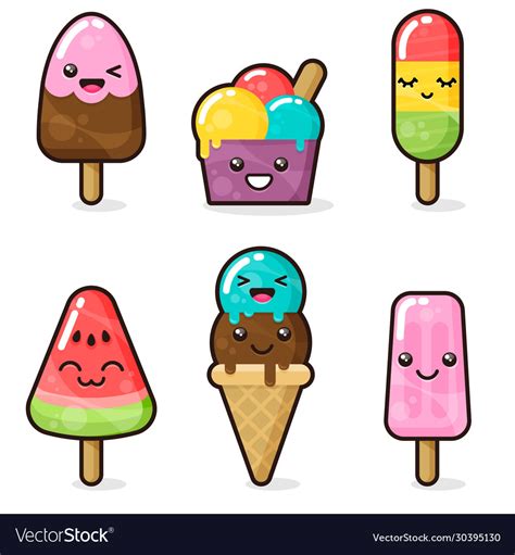 Kawaii Ice Cream Set Cute Cartoon Characters Vector Image